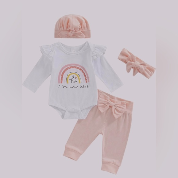 4Pcs Newborn Baby Girl Set - Baby Headband Hat Long Pants Layette Set. - Picture 1 of 2